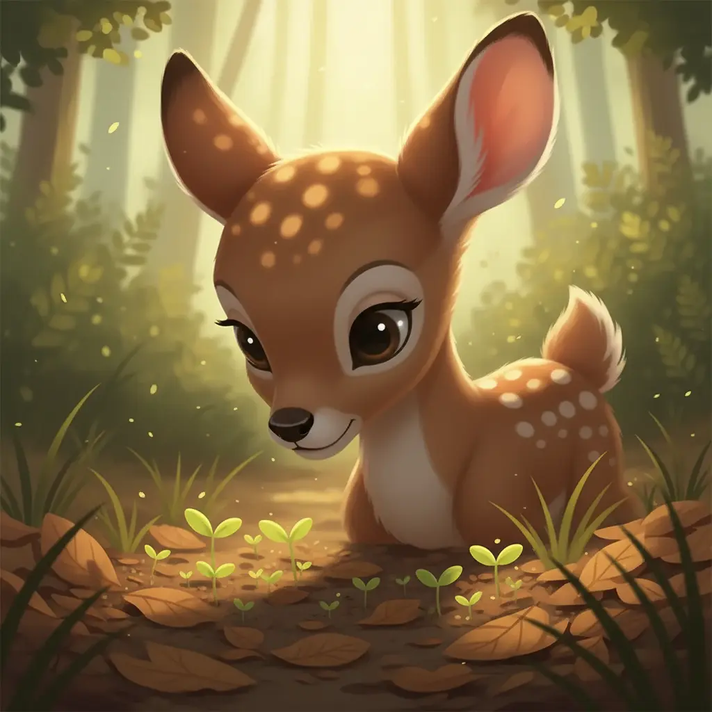 Orejitas observa con curiosidad unos pequeños brotes verdes que asoman en la hierba del bosque.