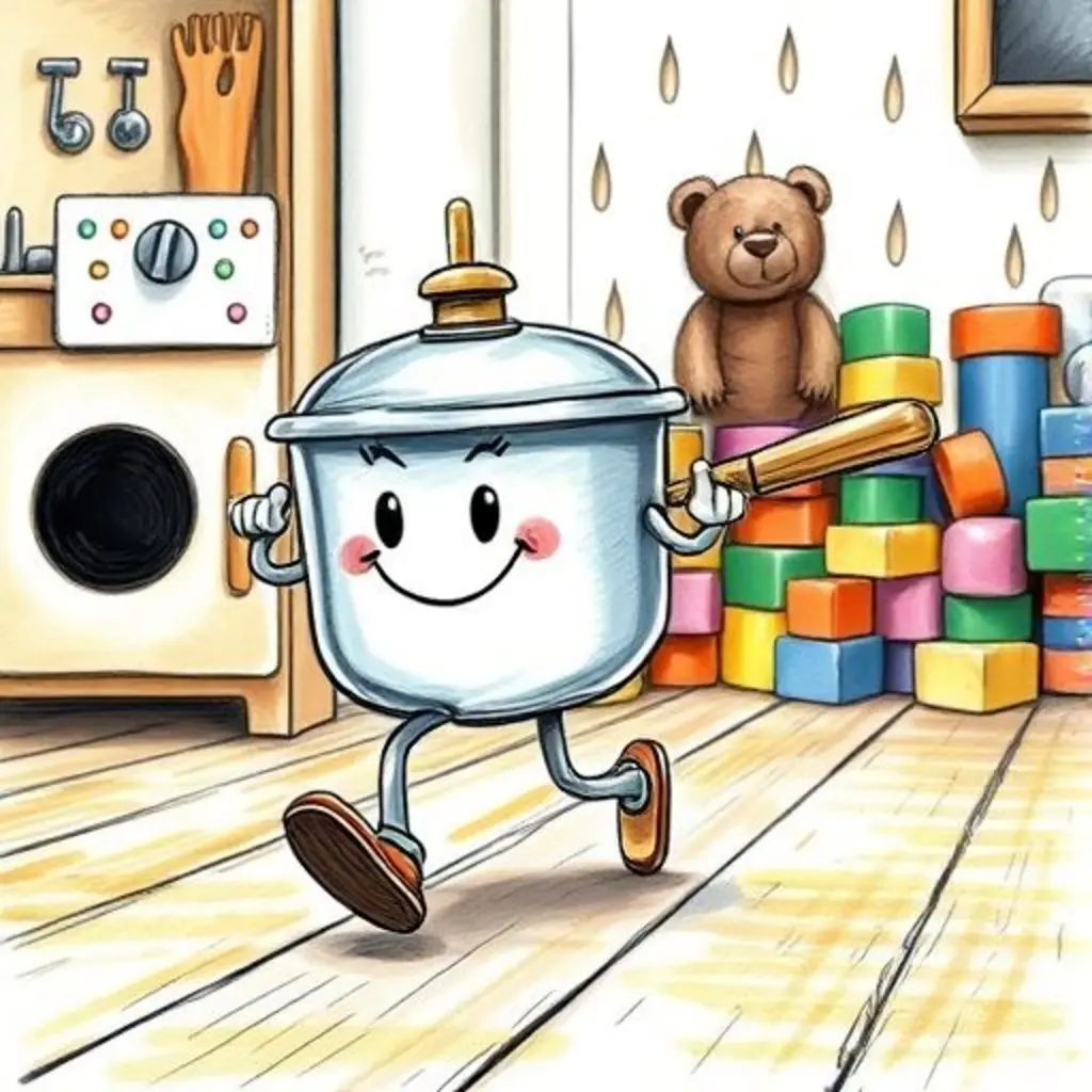 Sartén Chispeante se desliza hacia un rincón oscuro donde Osito Orejitas se esconde, luciendo triste.