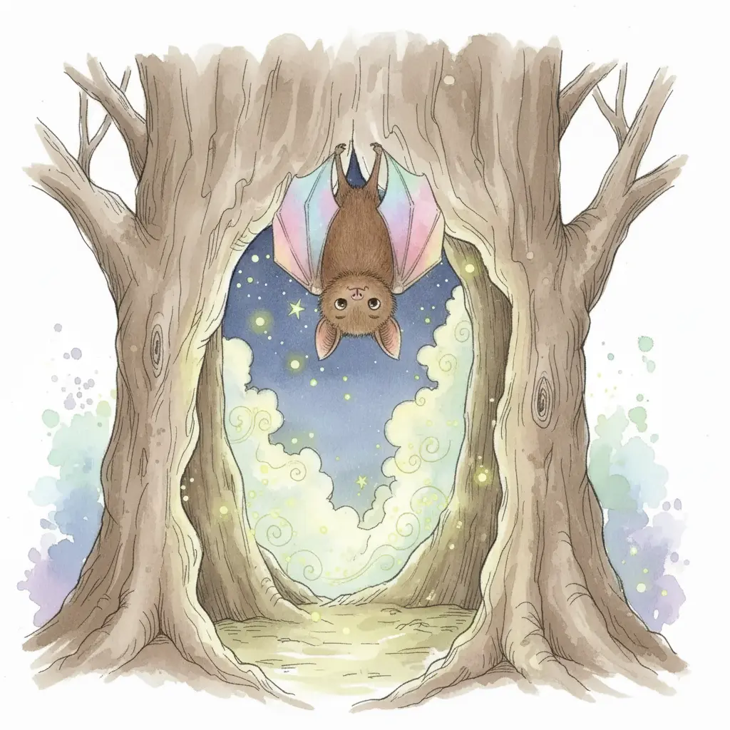 Un murciélago pequeño y tierno cuelga boca abajo mostrando sus alas de seda.