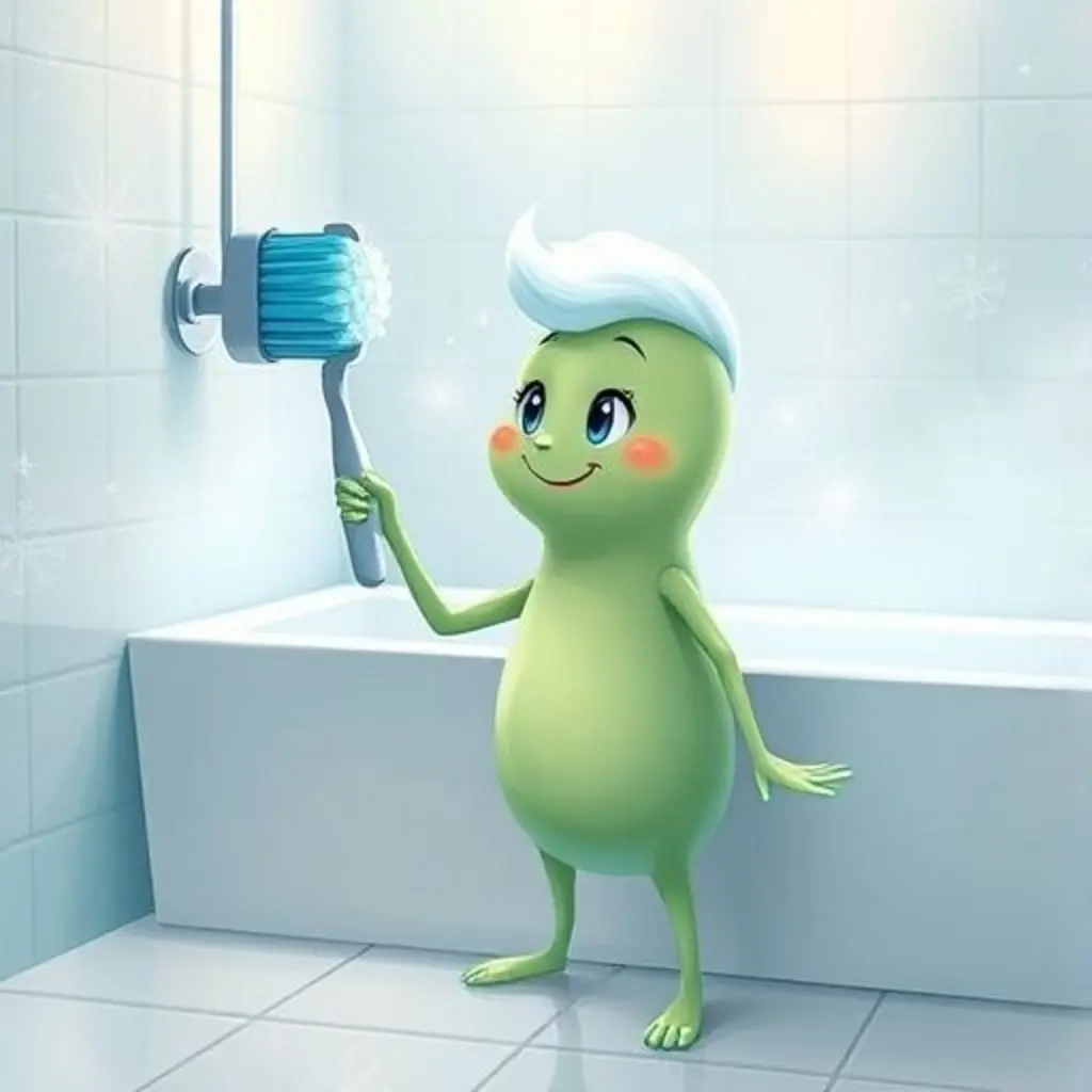 Cerdas Mágicas, un cepillo de dientes verde, mira una bañera empañada con curiosidad.