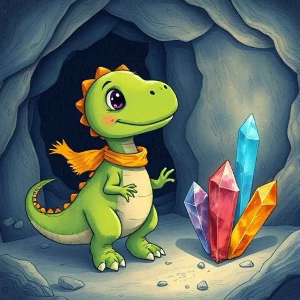Dino mira con curiosidad varios cristales de colores que brillan en la cueva.