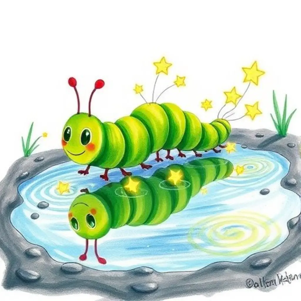 Rosita crea caminos de estrellas en el charco y otras orugas los siguen.