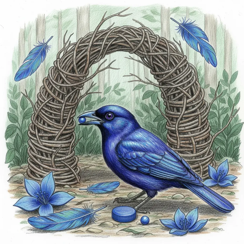 El pájaro azul organizando tapitas de plástico y plumas azules frente a su arco de ramas.