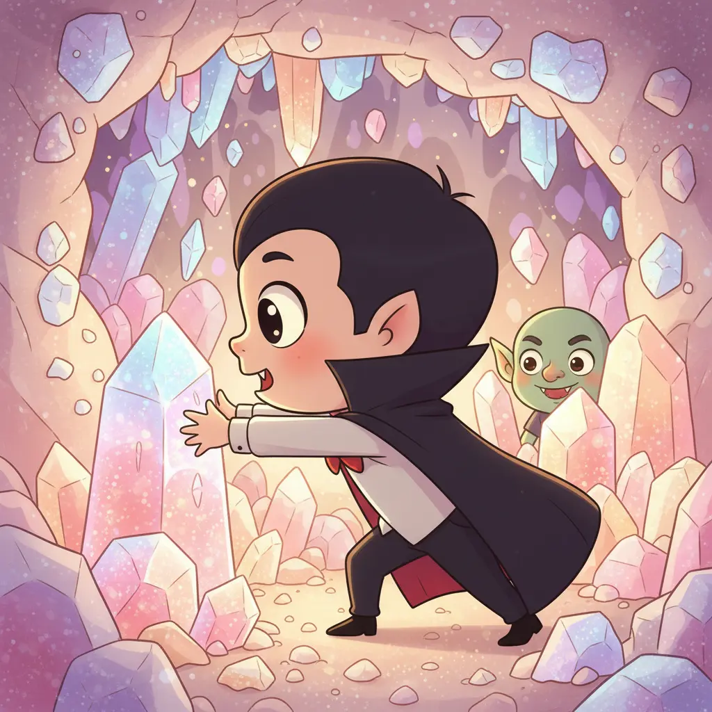 Dientes muerde un cristal de azúcar en una cueva mágica mientras el duende travieso lo observa con asombro.