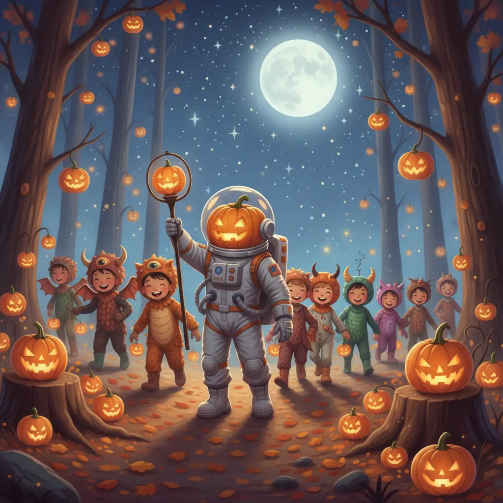 Vista amplia de Leo liderando el desfile nocturno en un claro del bosque, con niños disfrazados de 'monstruos híbridos' sonriendo bajo la luna y farolillos de calabaza.