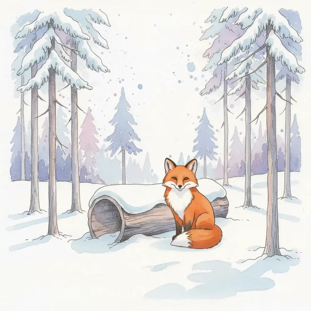 El zorro rojo está completamente visible, con su pelaje brillante y una expresión dulce junto al tronco.