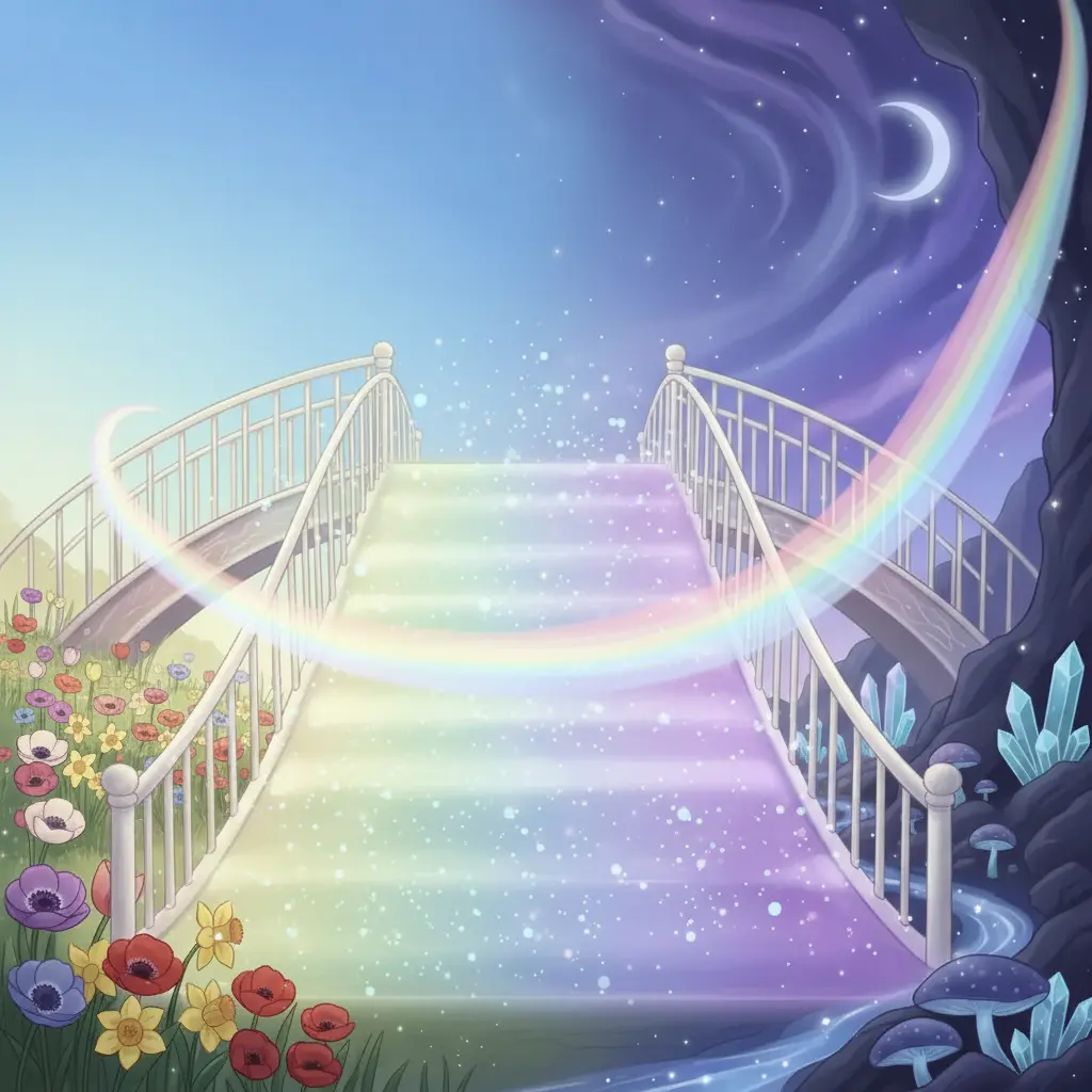 La luz y la sombra se fusionan suavemente sobre un puente de colores iridiscentes.