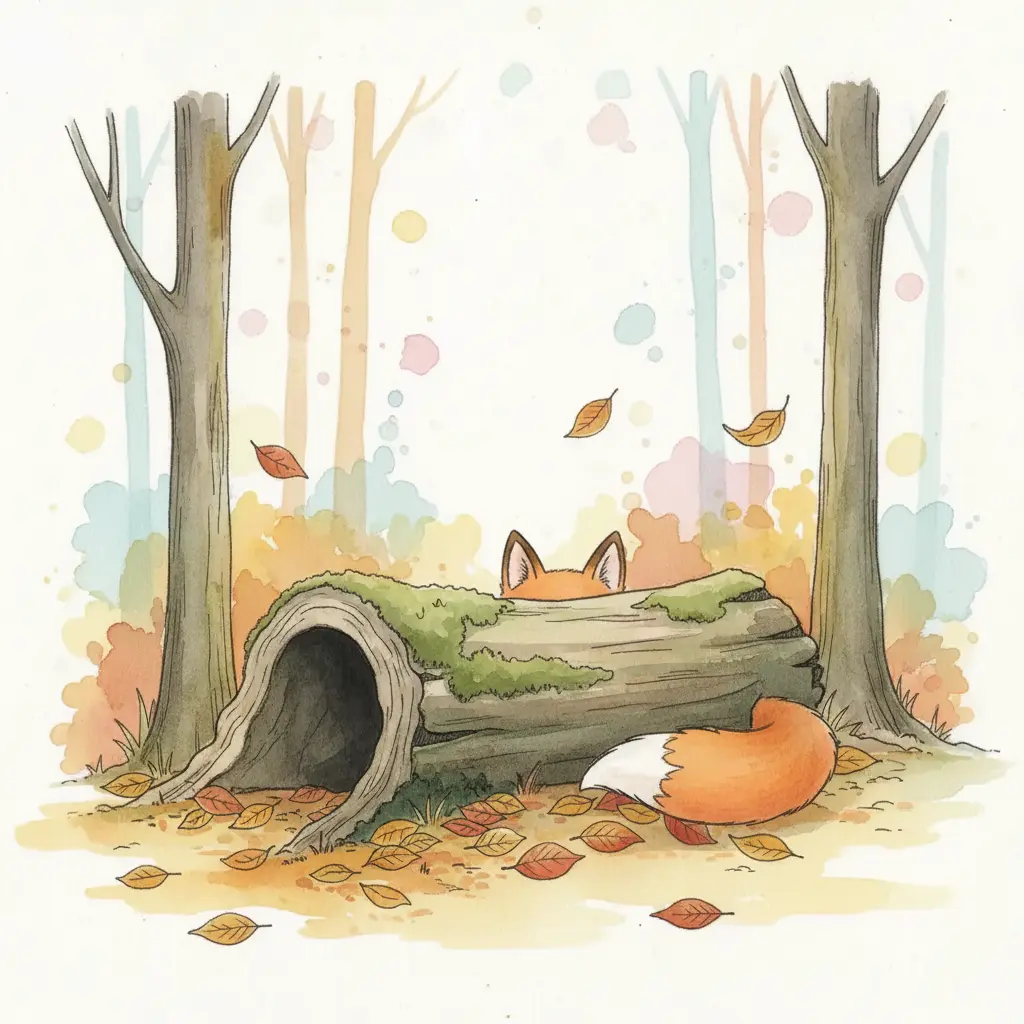 Se ven las orejas naranjas y una cola peluda con la punta blanca detrás del tronco.