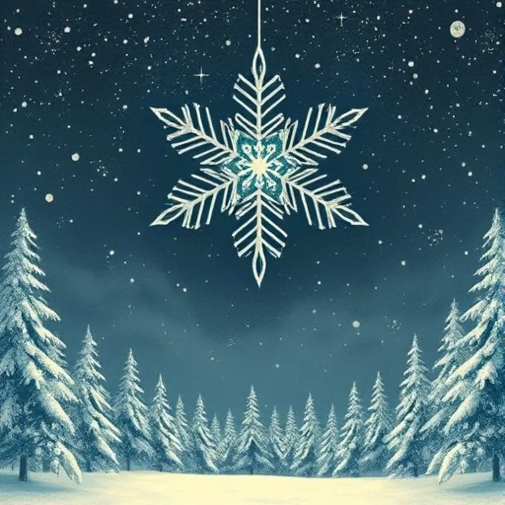 Un copo de nieve brillante llamado Crista cayendo suavemente sobre un bosque nevado.