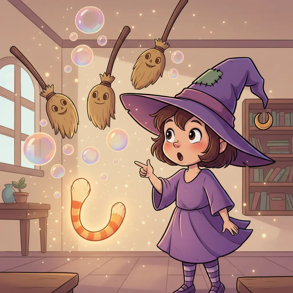 La cola del gato de Violeta flotando y escobas volando como globos.