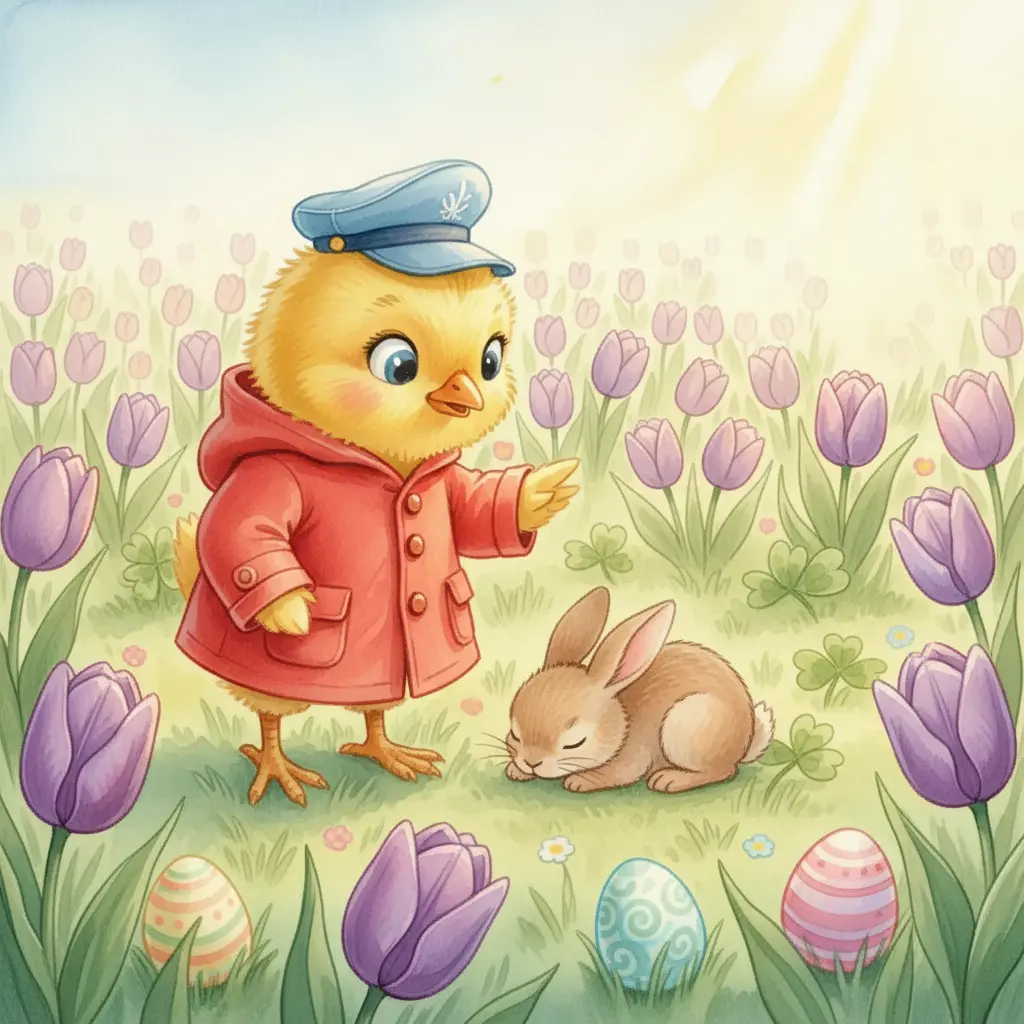 El pollito Pipo junto a una coneja que duerme en el prado.