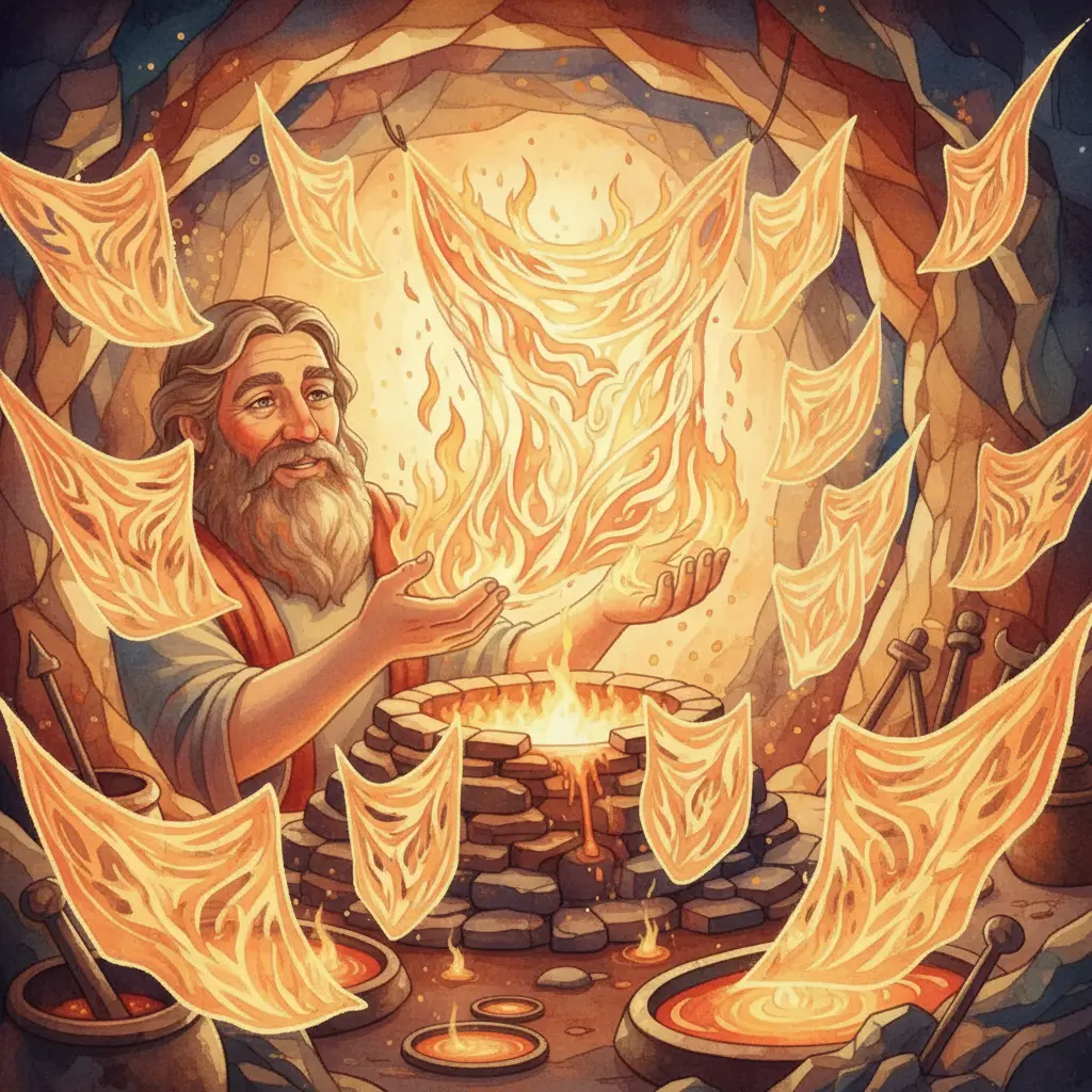 Hefesto sonríe, rodeado de sus Tapices de Fuego Bailarín, comprendiendo la belleza de la ligereza.