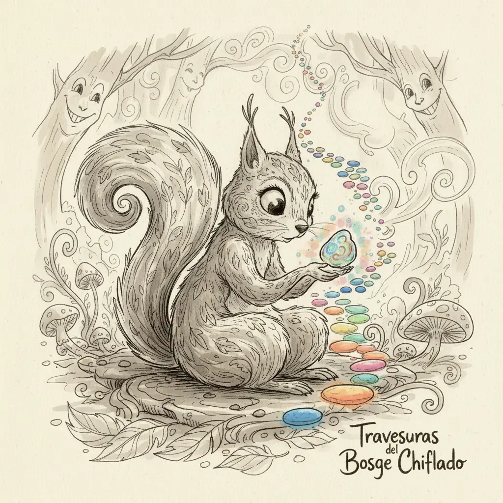 La ardilla recoge una piedrecita brillante y otra aparece, formando un sendero mágico en el bosque.