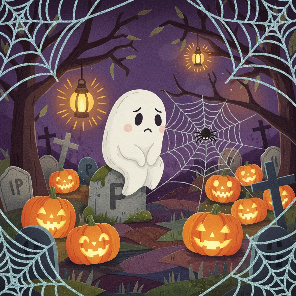 Casparín, un fantasma un poco desanimado, se sienta en una lápida y observa a una arañita tejiendo su telaraña con movimientos lentos y elegantes.