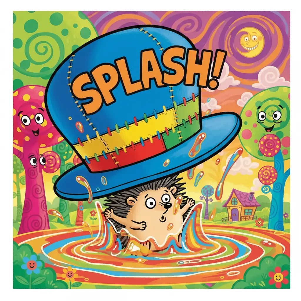 El erizo, dentro del sombrero, aterriza con un chapuzón en un lago de gelatina.