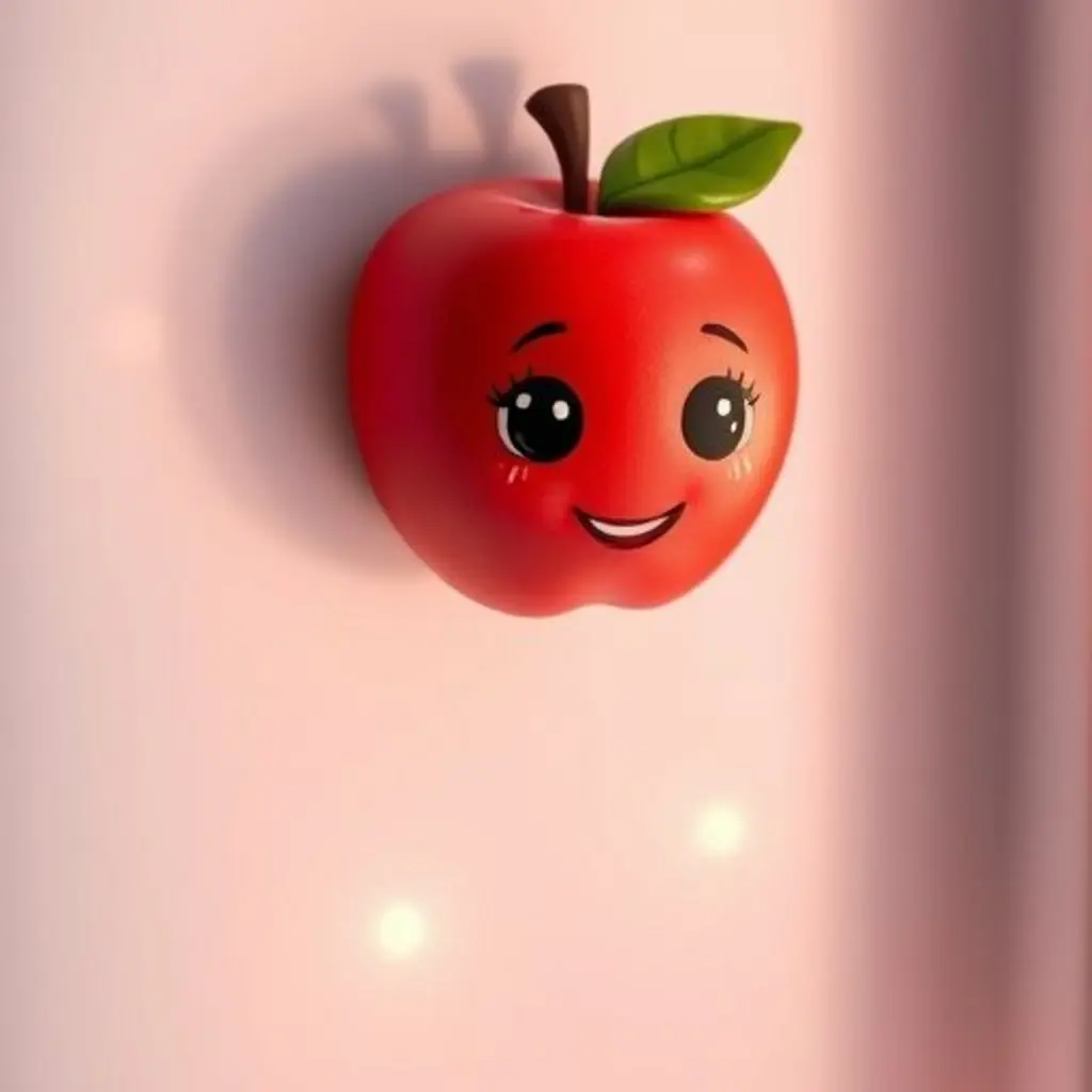 Manzanita, un imán de manzana roja, en la nevera, observando con curiosidad.