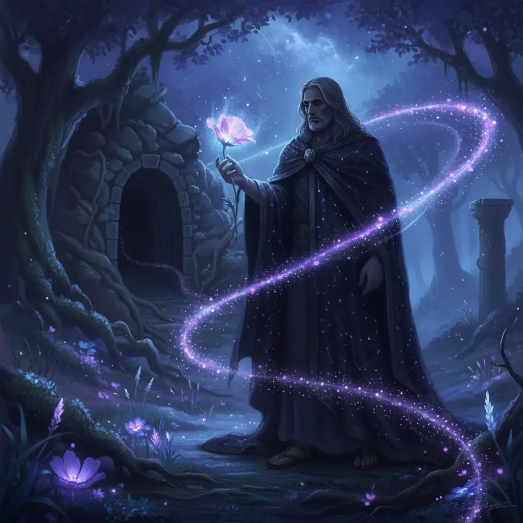 Hades toca la amapola y de ella nace un rastro de polvo de estrellas que lo guía a un túnel.