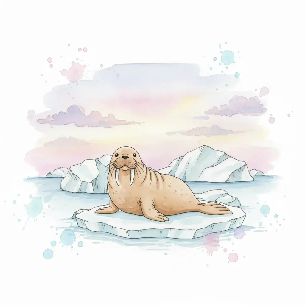 Una morsa grande y amigable de color marrón claro descansando sobre el hielo bajo un cielo pastel.