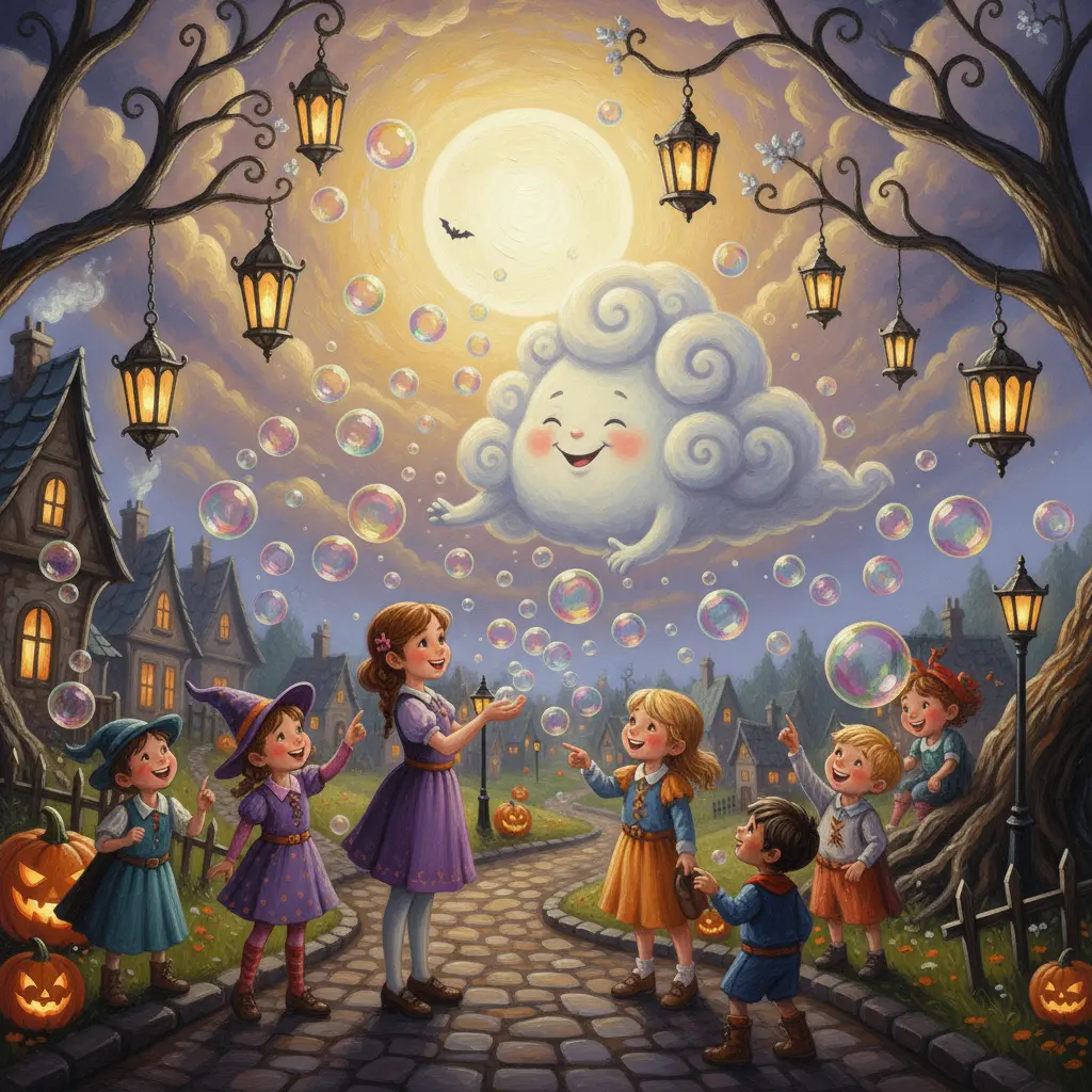 Lily y la Nube de Caramelo comparten dulces mágicos que crean burbujas de sabor, mientras niños disfrazados ríen bajo la luna y las luces de Halloween.