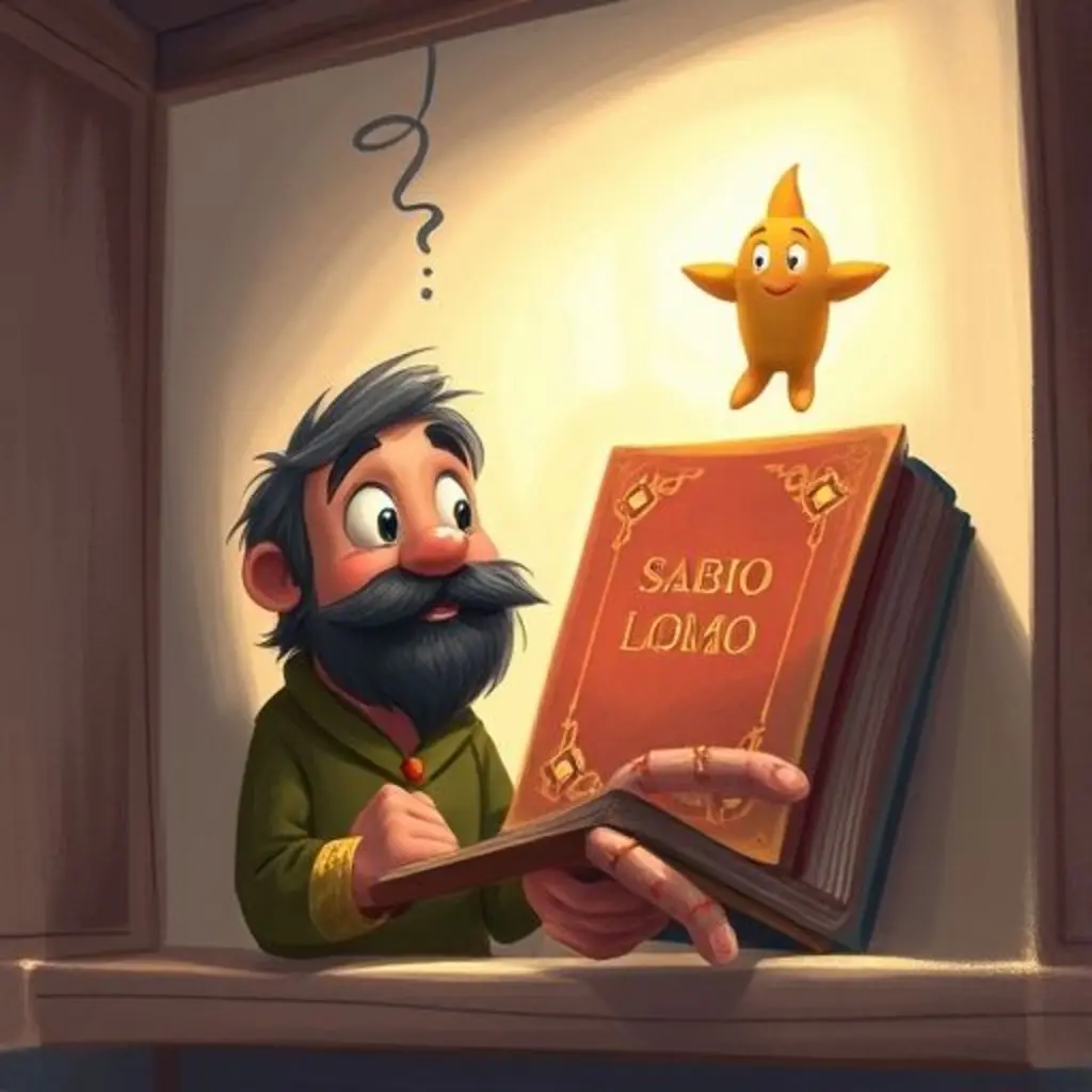 Sabio Lomo, el libro, observa de cerca a Estrella Cuentos mientras un suave sonido indica un misterio.