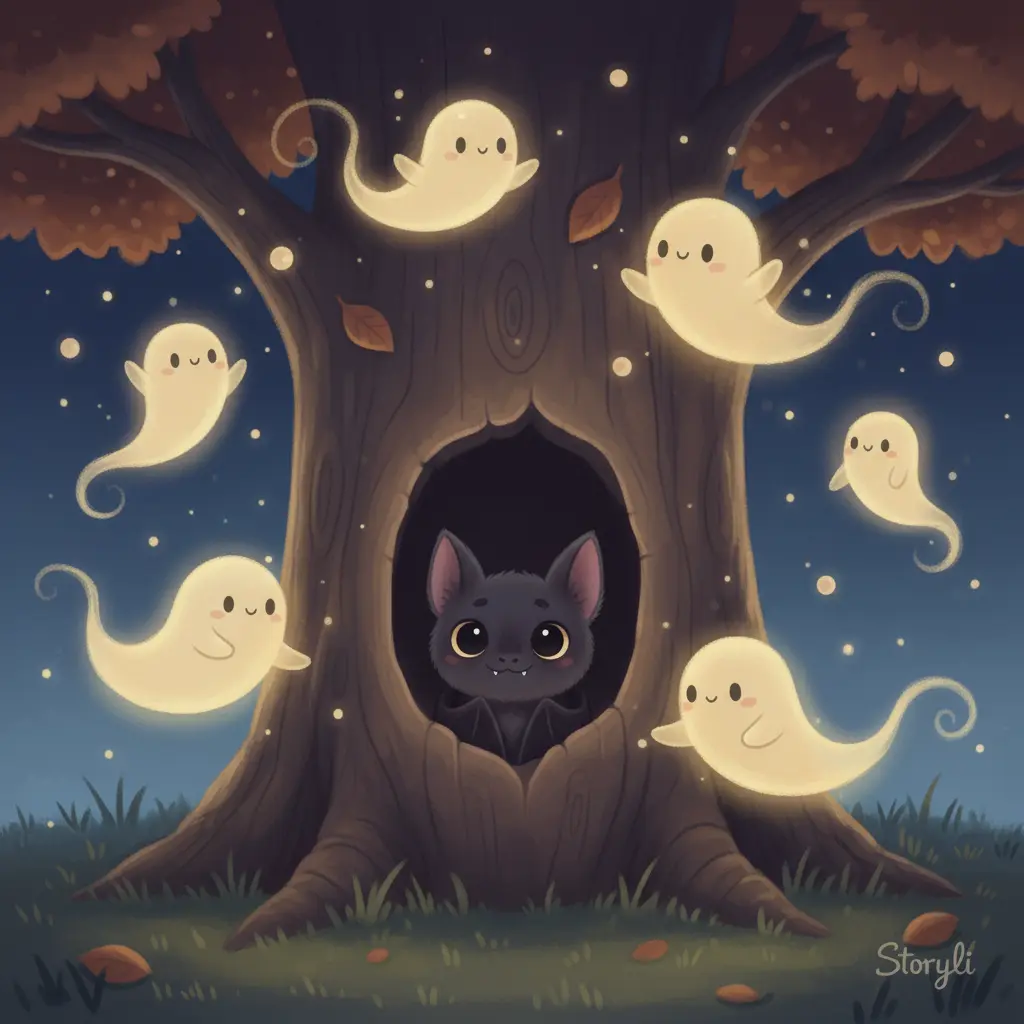 El murciélago en su nido, rodeado de Soplidos de Calabaza que bailan de alegría.