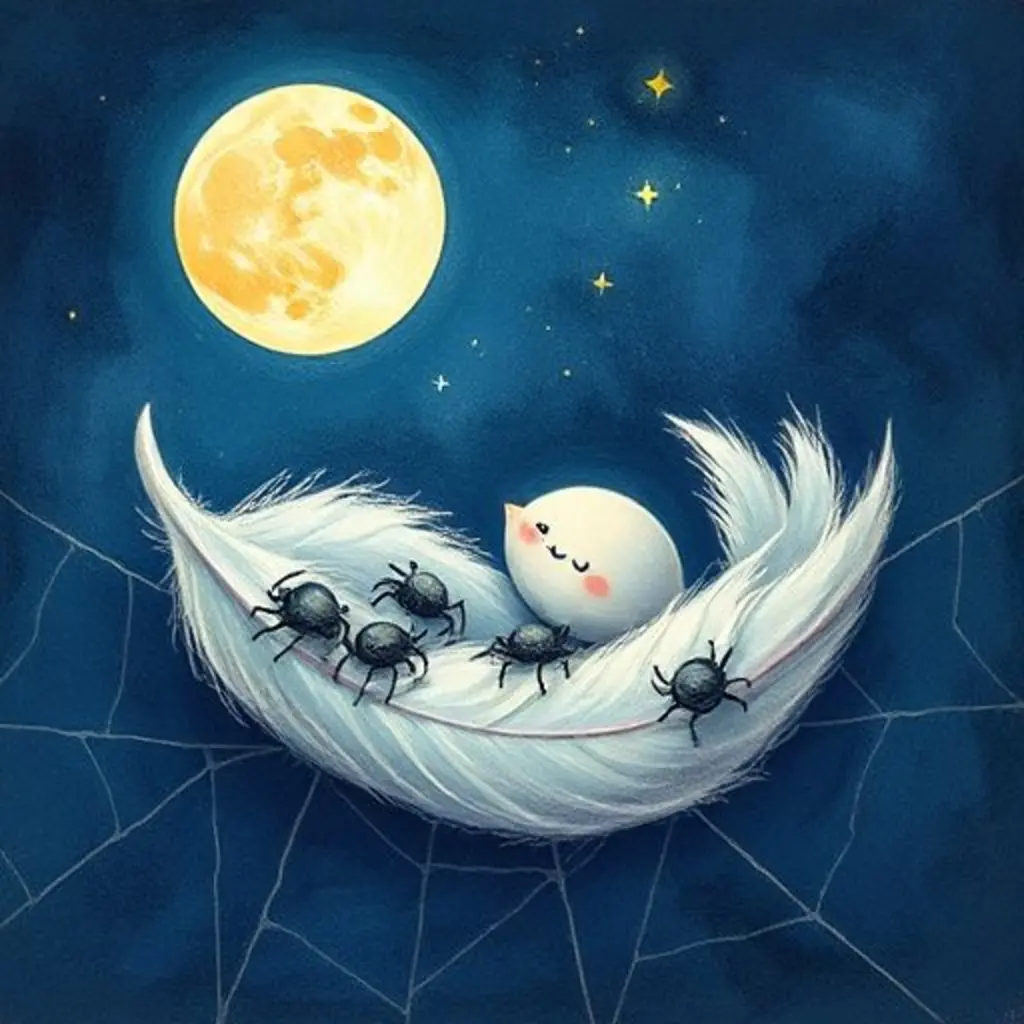 Pluma Suave y las arañitas durmiendo plácidamente juntas en la telaraña bajo la luna.