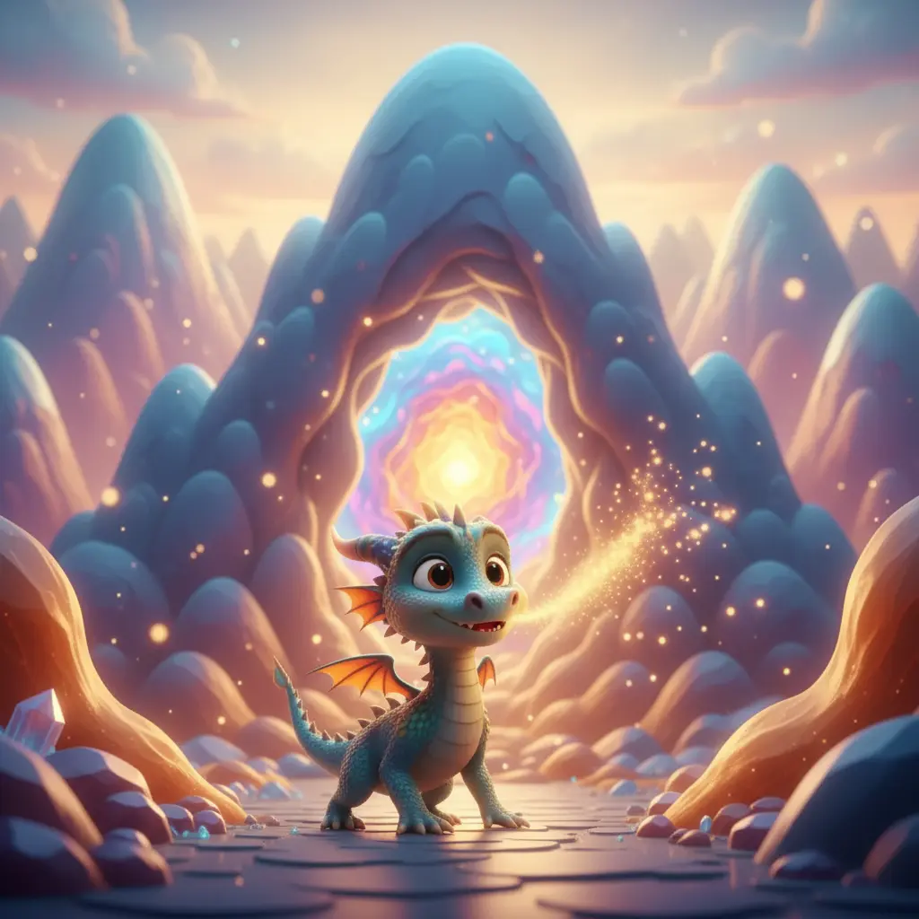 Chispita, un dragoncito juguetón, lanza chispitas de luz cerca de una montaña mágica.