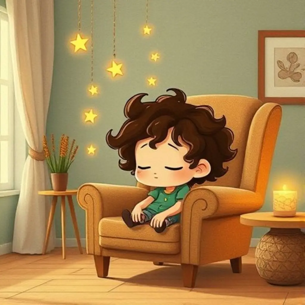 Rizos, un mechón de pelo rizado, flotando y atrapando chispitas brillantes bajo un sillón.