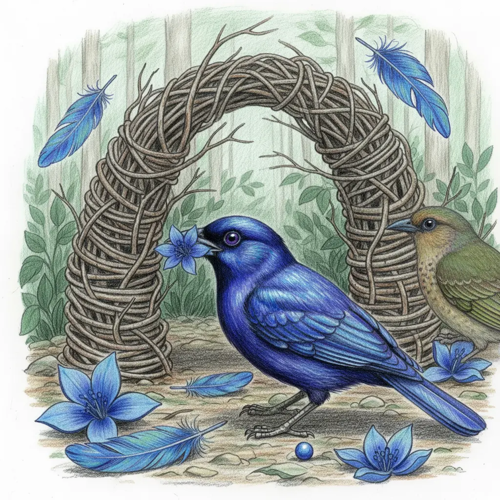 El pájaro azul posando junto a sus tesoros mientras una hembra lo observa.