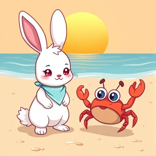 Retonejo hablando con un cangrejo amigable en la playa.