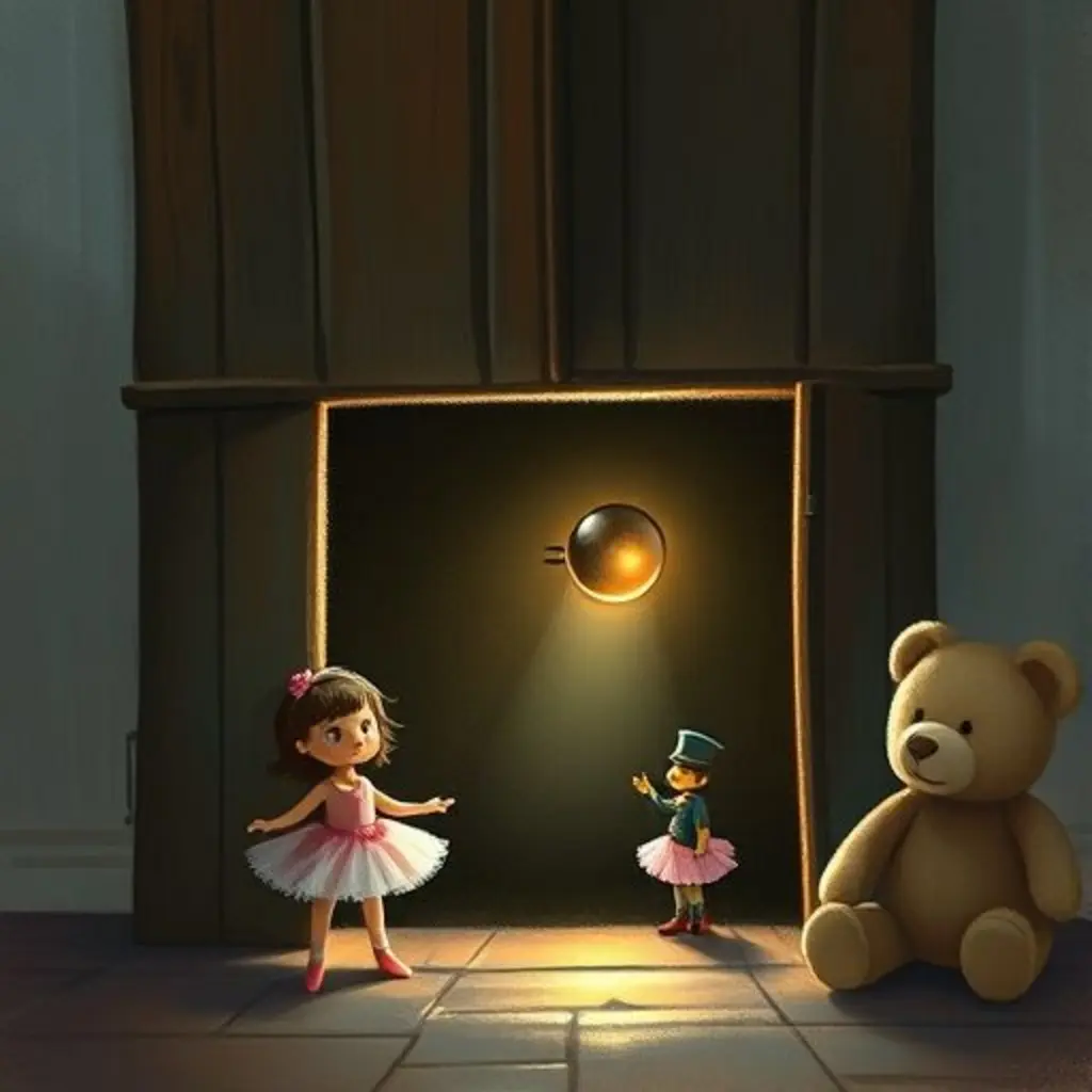 Ojo Curioso guía un camino de luz hacia un armario, mientras una muñeca bailarina y un soldadito de plomo observan.
