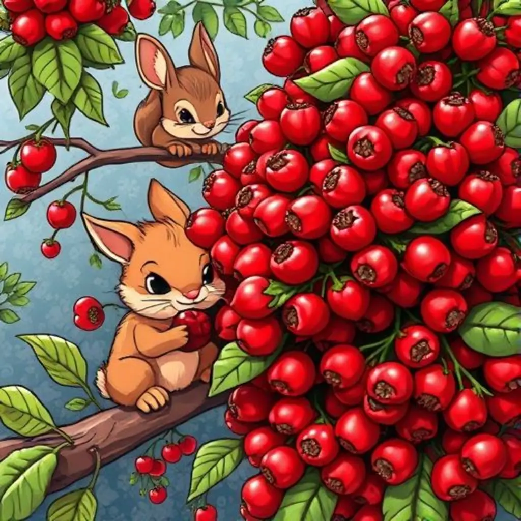 Vara la ramita, el conejito comiendo bayas rojas, y una ardilla curiosa observando.