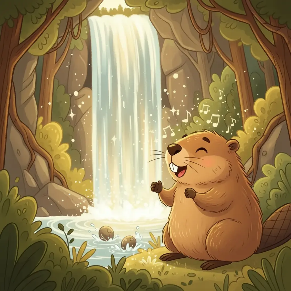 Damián canta alegremente, y las piedras de la cascada ruedan al ritmo de su melodía.