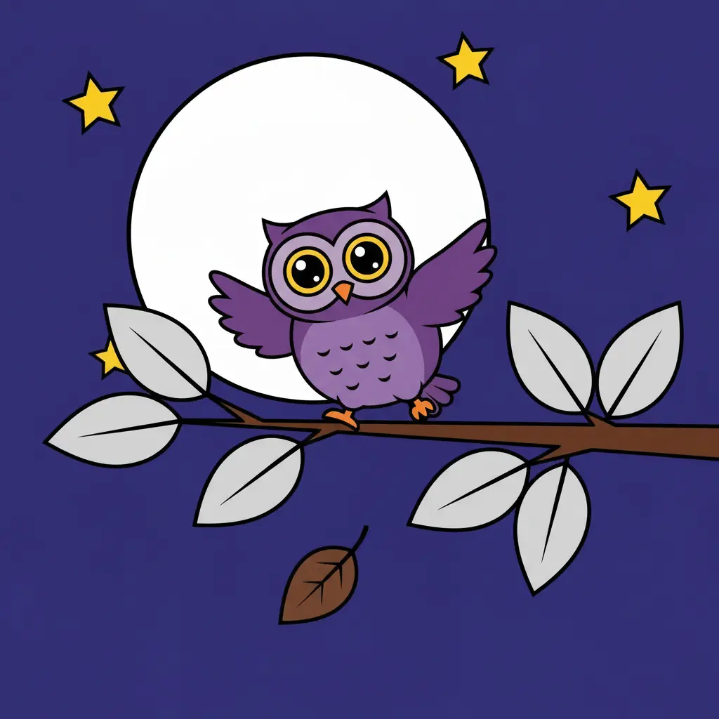 El búho morado saltando por las ramas de un árbol de hojas plateadas.