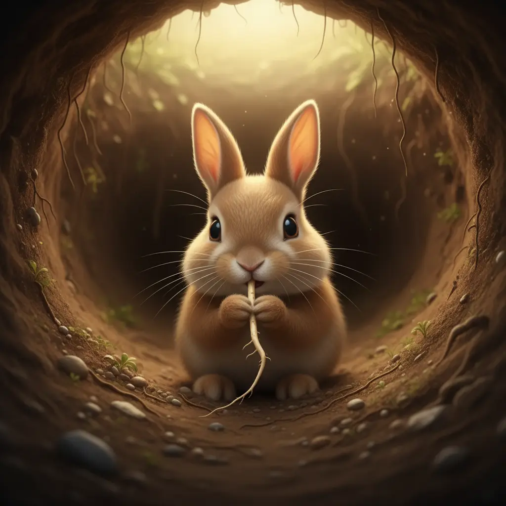 El conejito Saltador mordisquea una raíz tierna que encontró.