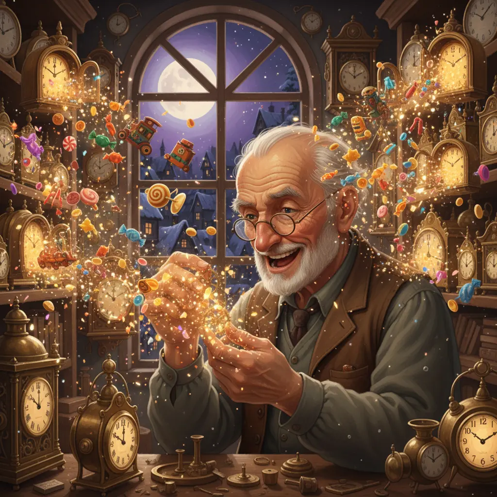 Relojes abiertos liberando regalos mágicos que vuelan hacia las casas del pueblo, bajo la mirada sonriente del relojero.