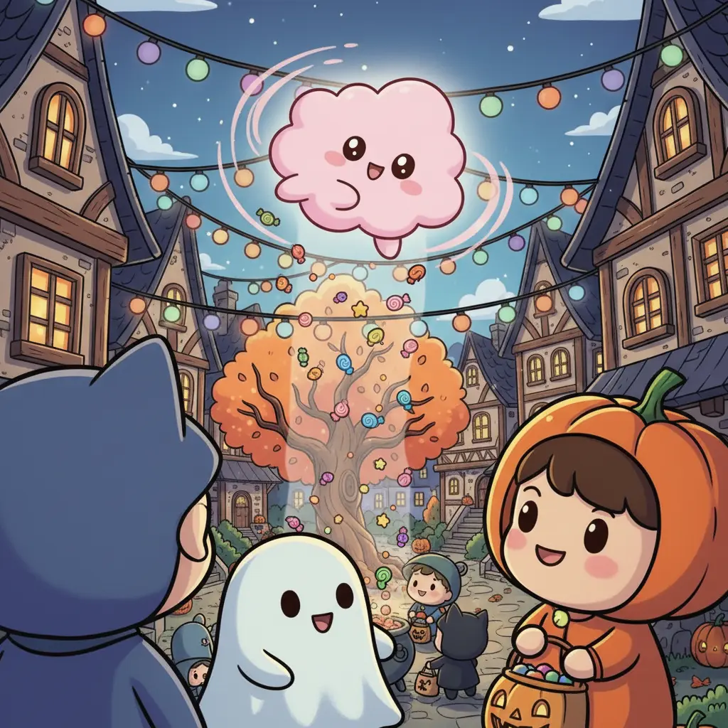 Nubi, la nube de caramelo, baila con el viento y sus dulces caen directamente en las cestas de los niños, que la miran asombrados.