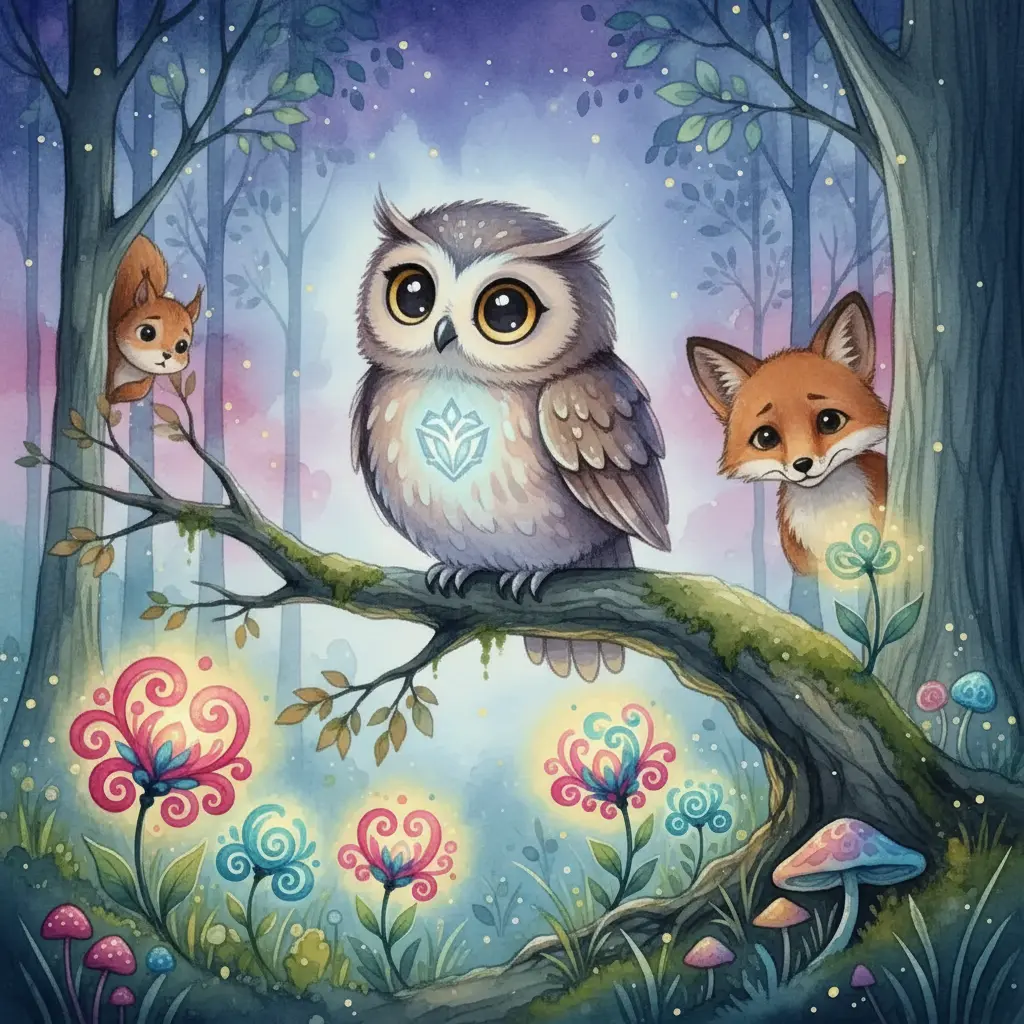 Plumerito, el búho, mira pensativo el bosque mientras otros animales lo observan con preocupación suave.