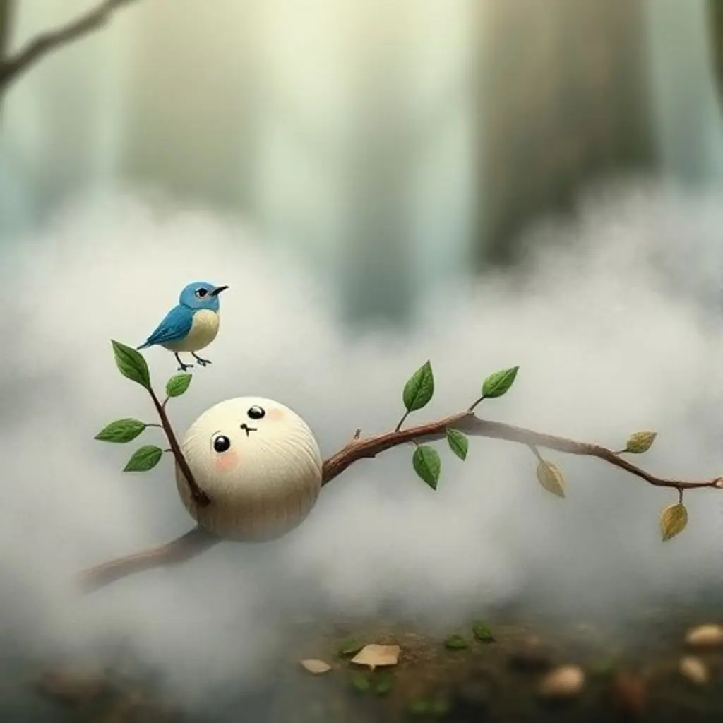 Ramo, una ramita, en el suelo del bosque con niebla y un pajarito perdido.