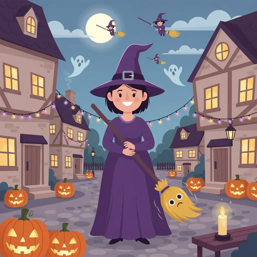Matilda, una brujita sonriente, anima a Escobita, su escoba brillante y nerviosa, en una plaza de pueblo decorada para Halloween. Otras escobas vuelan alto en el cielo nublado.
