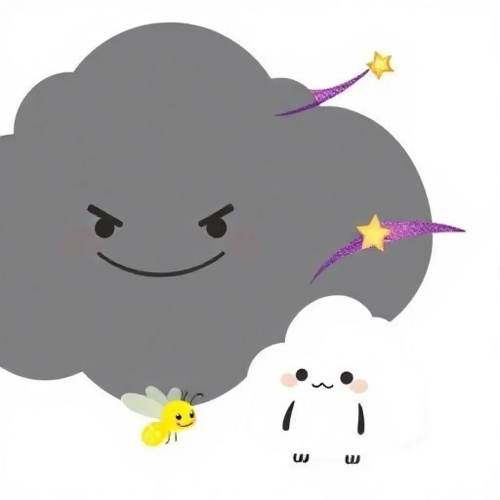 Nimbo con una luciérnaga brillante y una estrella fugaz, acercándose a la nube oscura.