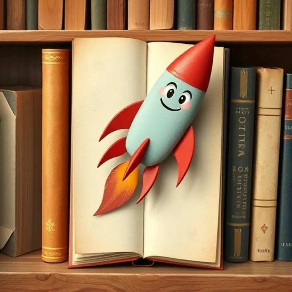 Curio, un marcapáginas cohete, cayendo de una enciclopedia grande.