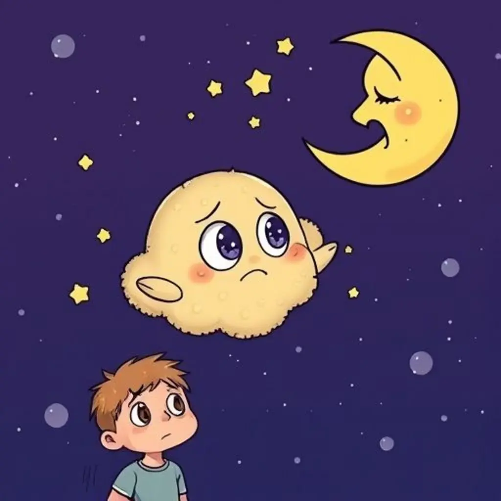 Chispa Estelar está confundida, su brillo es tenue, mientras la Luna bosteza cerca de ella.