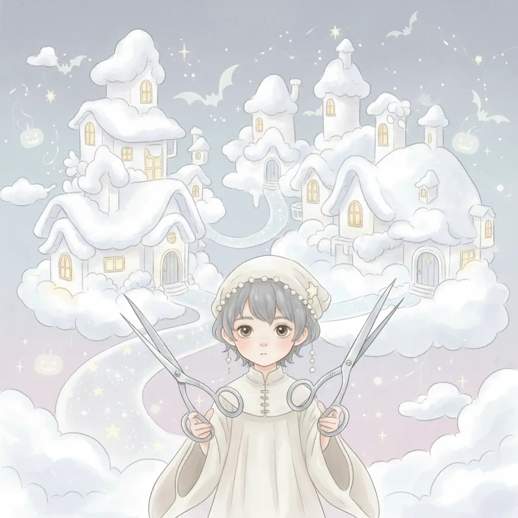 Eli, un niño con tijeras en lugar de manos, de pie en un pueblo de nubes de tonos grises y lilas.