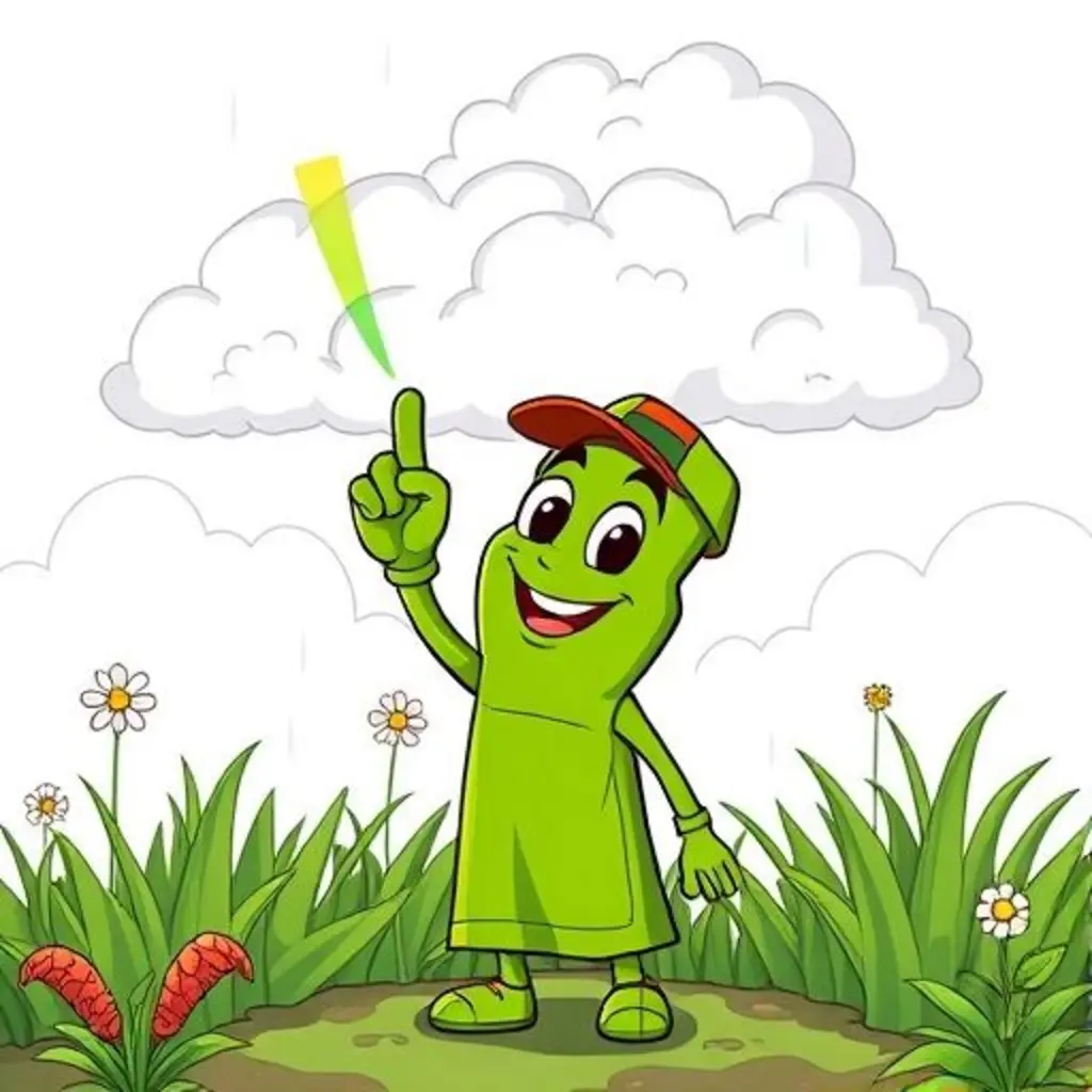 Verdecito apunta su dedo al cielo, enviando un rayo de luz verde a las nubes para que llueva.