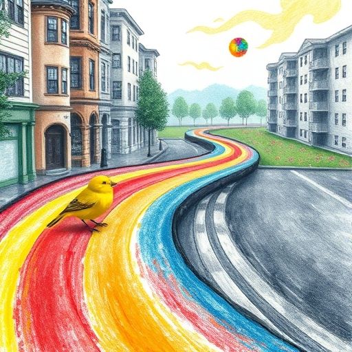 Pájaros siguiendo un camino de colores hacia un parque con flores.