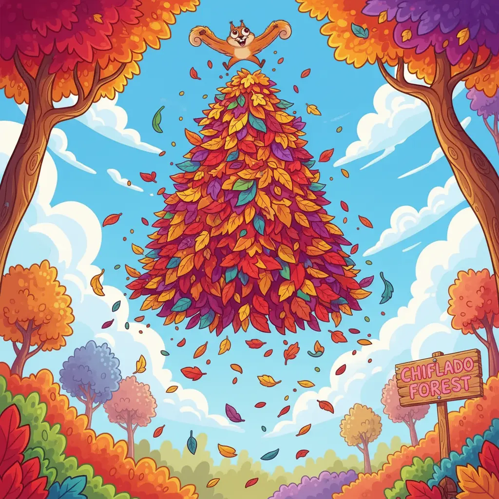 La ardilla y la montaña de hojas vuelan juntas por el bosque.