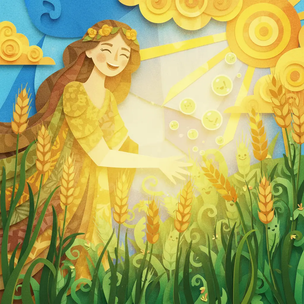 Deméter toca con suavidad un tallo de trigo y una luz mágica lo envuelve.