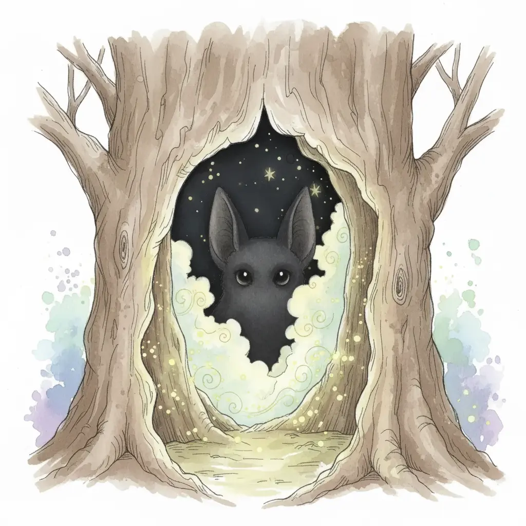 Dos orejas y dos ojos brillantes se asoman en la oscuridad del tronco.