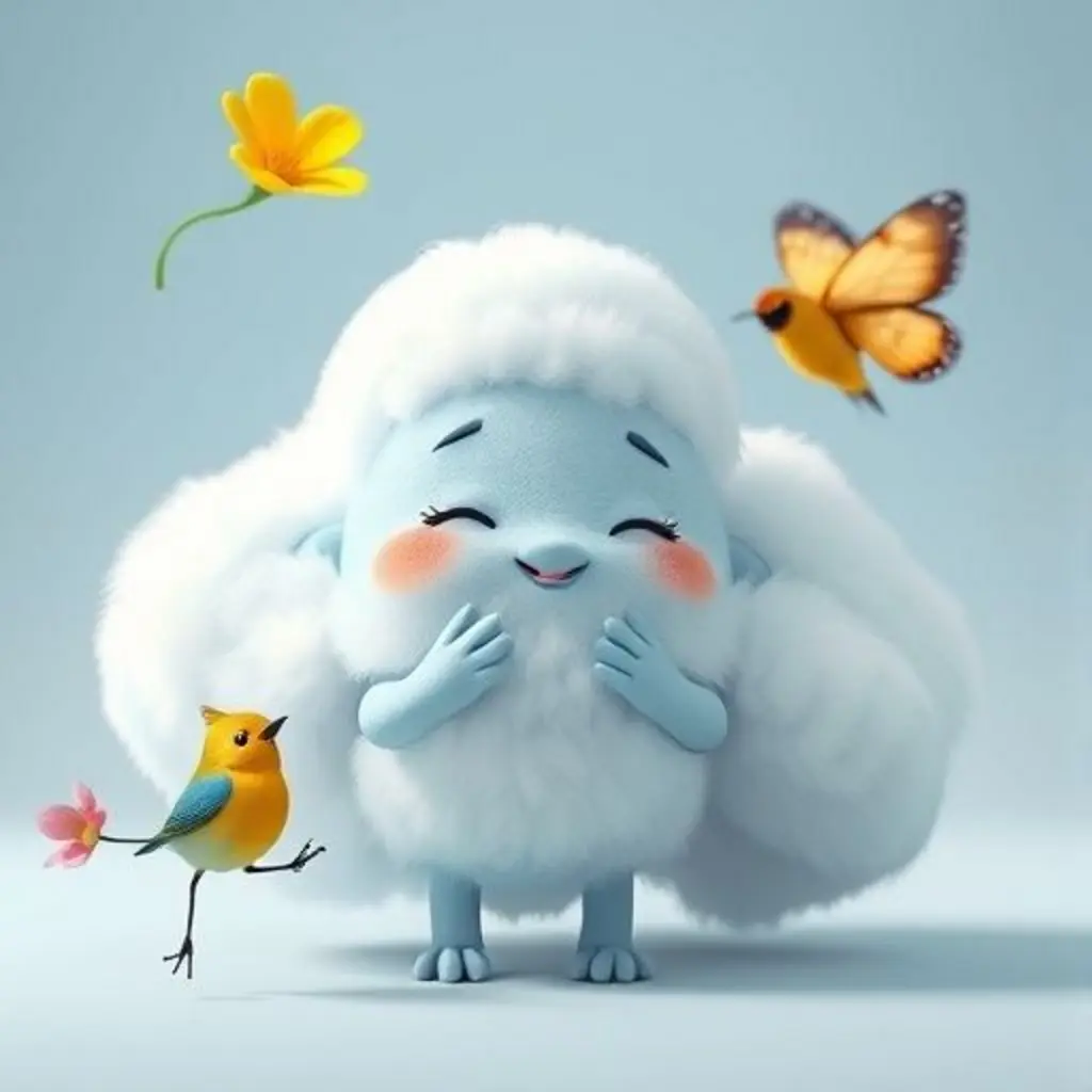 Rolo la nube comparte su esponjosidad con un pajarito, una flor y una mariposa.